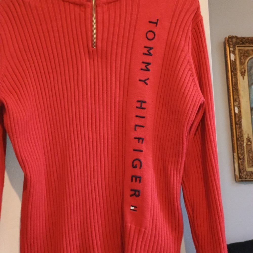 Tommy Hilfiger Spell Out Red Ribbed Knit Quarter Zip Sweater Women's XL - Picture 3 of 8